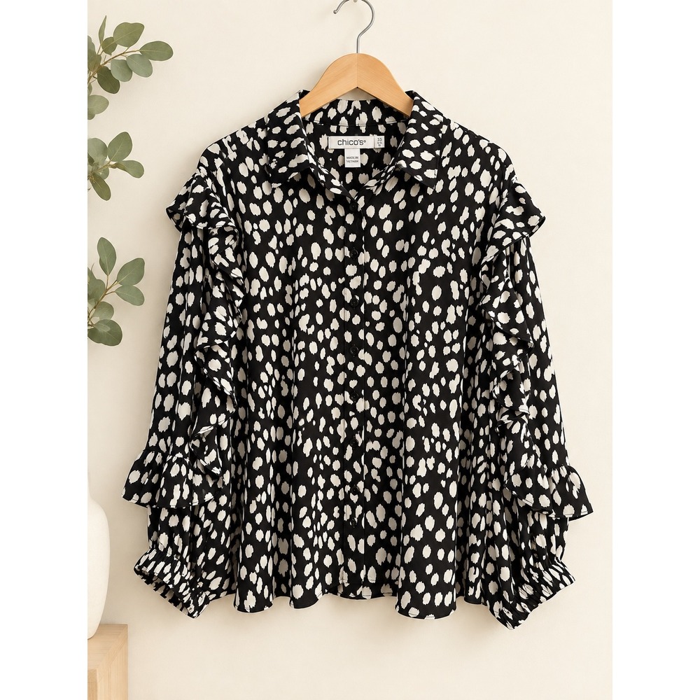 Chicos Black White Abstract Dot Ruffle Sleeve Button Down Blouse Size 3.5 US 18
